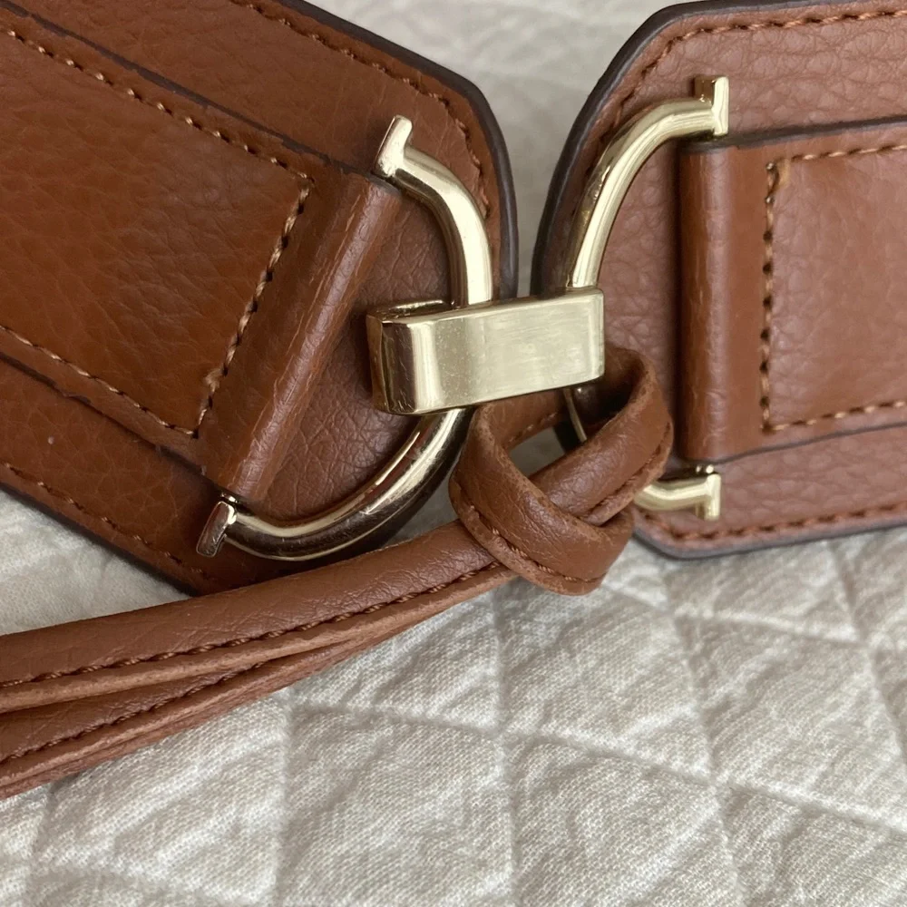 Preppy Academia Brown Faux Leather Tassel Belt gold buckle 2.25” wide Elastic